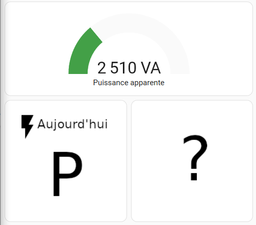 Copie écran résultat avec deux cartes, l'une affichant la puissance courante, l'autre la couleur du jour et celle prévue demain.